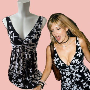 Y2K Black & White Butterfly Mini Dress – Whimsy Floral Fit & Flare